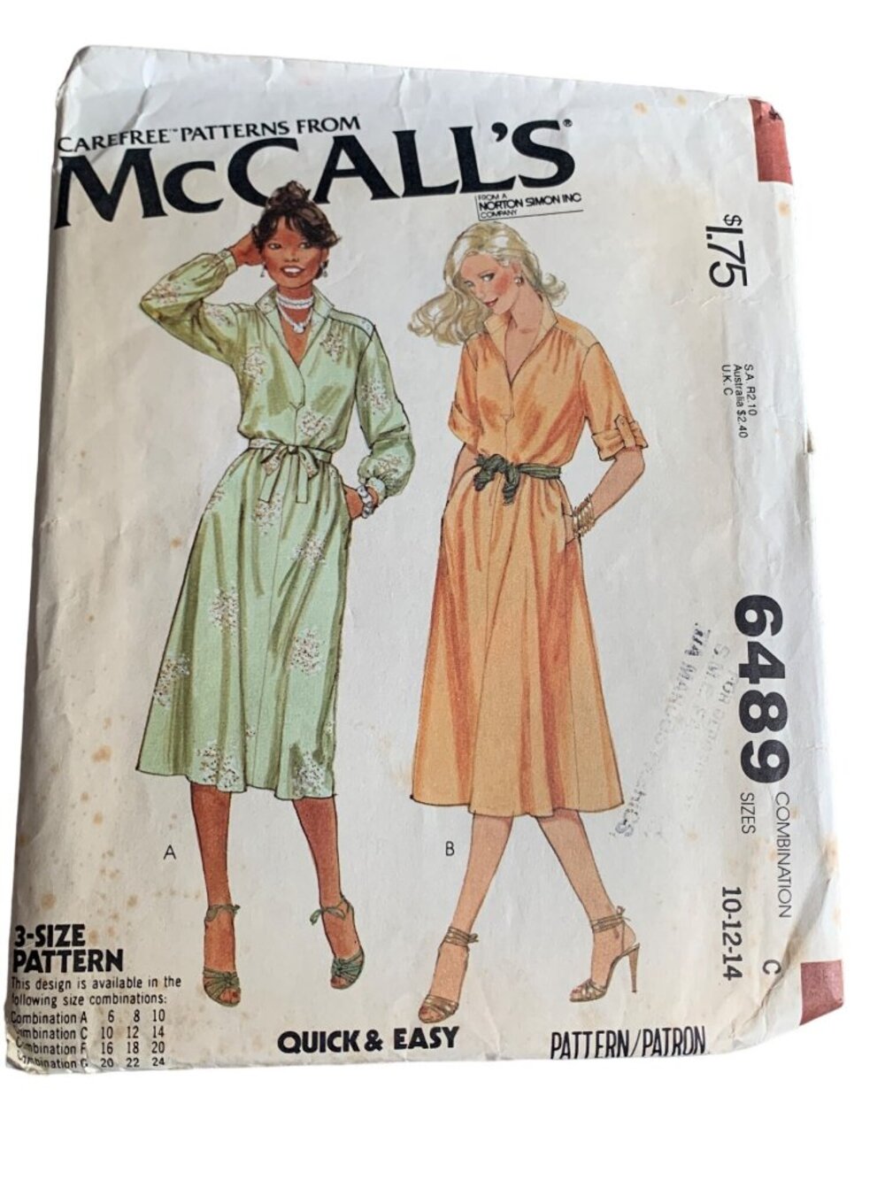 Vintage McCalls 6489 Pattern Dress Size 10-12-14 1970s Quick & Easy Sewing